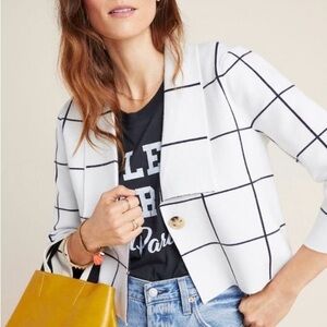 Anthropologie Cream Window Pane Cropped Jacket Size X-Small